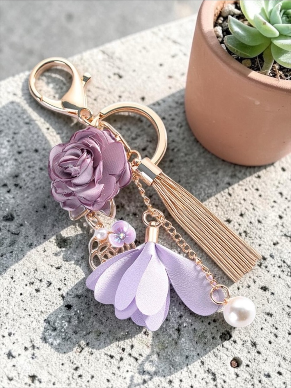 NWT Rose Flower Tassel Keychain & Purse Charm Purple/Gold - Picture 2 of 5